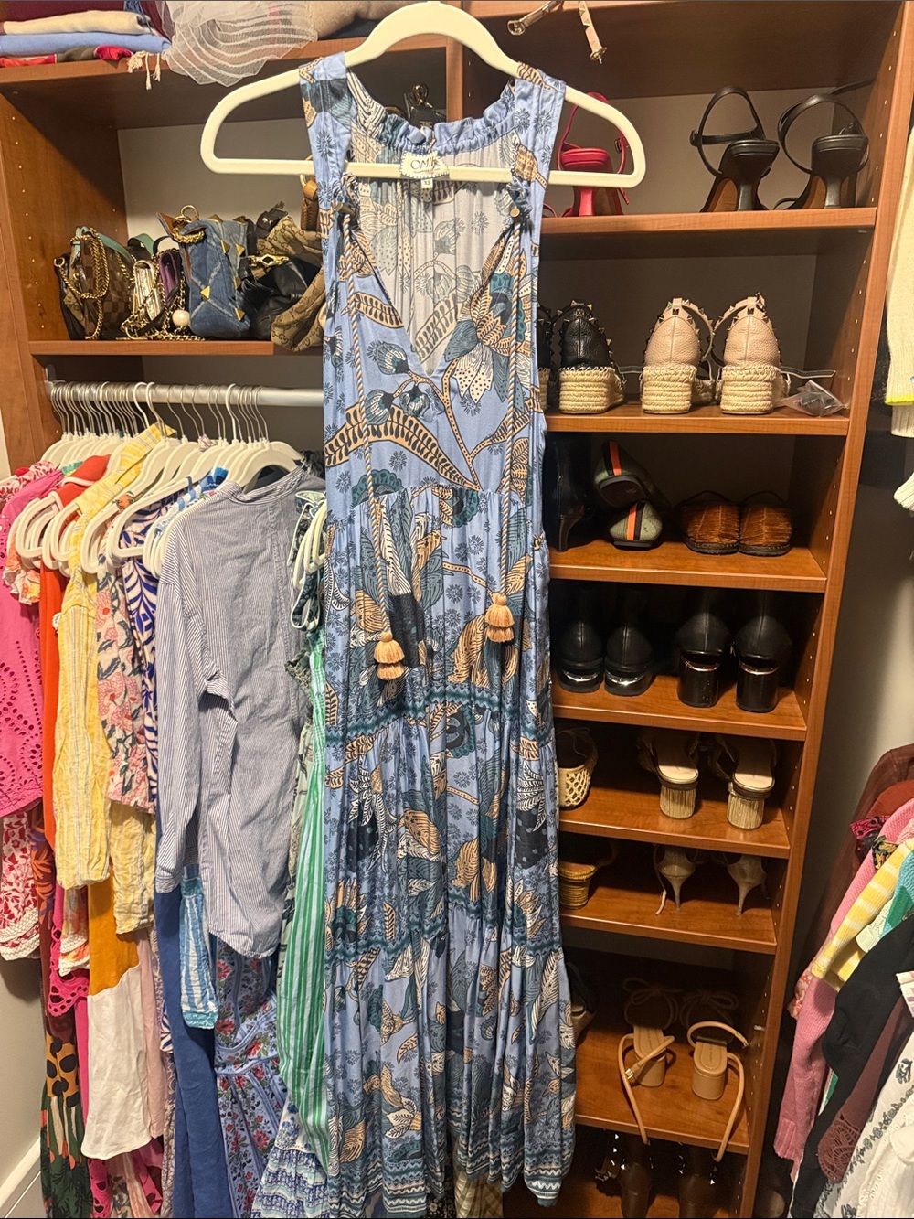 Sleeveless Blue Botanical Maxi Dress with Tassel Tie